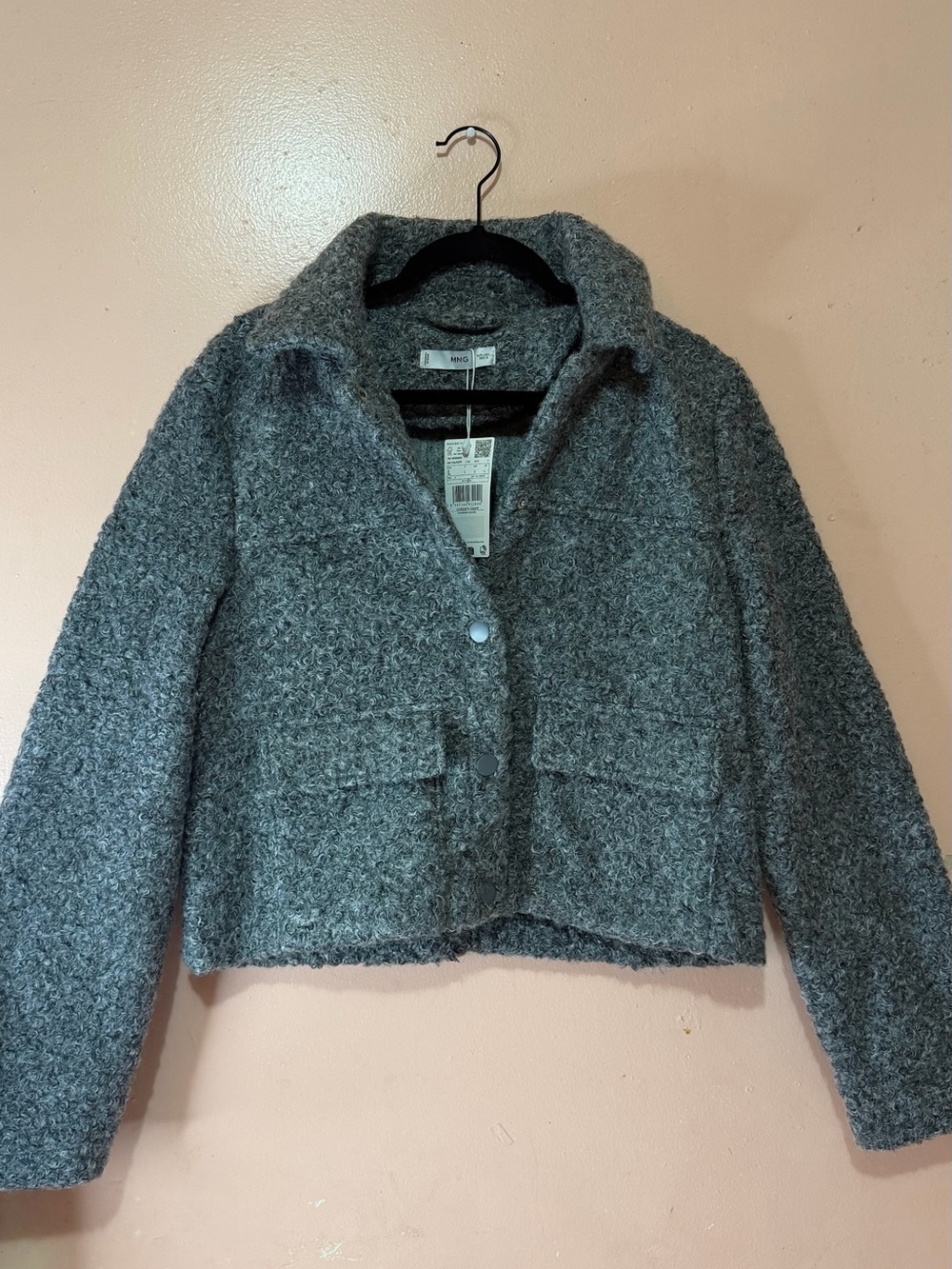 MANGO Gray Bouclé Pocket Snap Button Jacket — Size L (NWT)